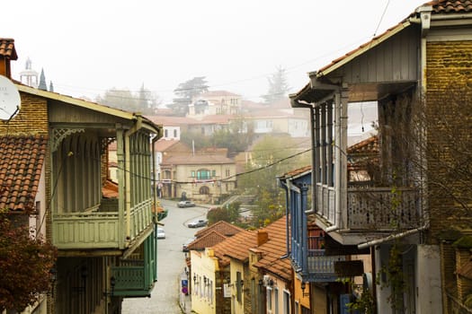 Sighnaghi village house wooden balcony, colorful houses in Kakheti, Georgia