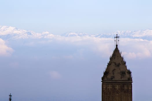 Sighnaghi village landscape and city view in Kakheti, Georgia. Old houses beautiful view during mist and fog