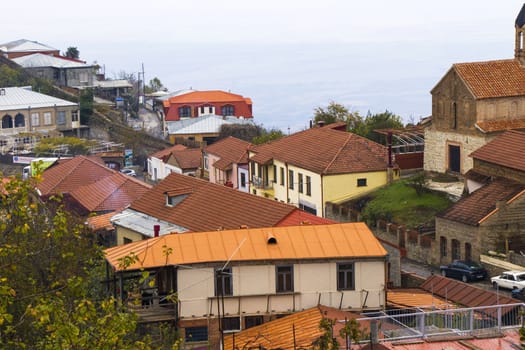 Sighnaghi village landscape and city view in Kakheti, Georgia. Old houses beautiful view during mist and fog