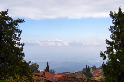 Sighnaghi village landscape and city view in Kakheti, Georgia. Old houses beautiful view during mist and fog