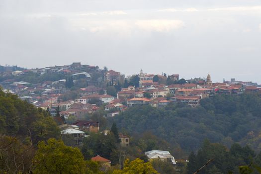 Sighnaghi village landscape and city view in Kakheti, Georgia. Old houses beautiful view during mist and fog