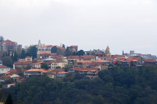 Sighnaghi village landscape and city view in Kakheti, Georgia. Old houses beautiful view during mist and fog