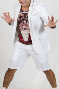 Portrait of astonished male model with barba , bristle opening his mouth with surprisment hearing terrified news. Excited man in formal clothes isolated over white background