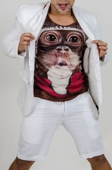 Portrait of astonished male model with barba , bristle opening his mouth with surprisment hearing terrified news. Excited man in formal clothes isolated over white background