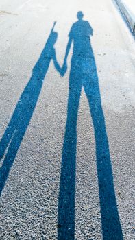 the shadow of an adult and a child on the track.