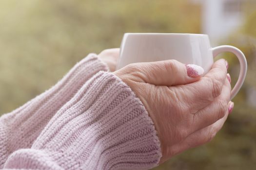female hands in a warm sweater hold a hot cup on a nature background on sunny day