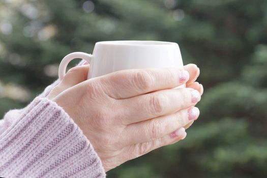 female hands in a warm sweater hold a hot cup on a nature background on sunny day