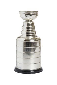An isolated over white image of a replica hockey trophy.