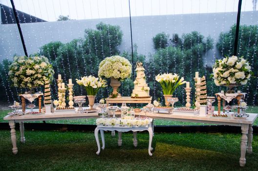 Beautiful table of sweets at a wedding, vintage decoration