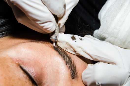 Permanent makeup tattooing of eyebrows. Cosmetologist applying permanent make up on eyebrows - eyebrow tattoo