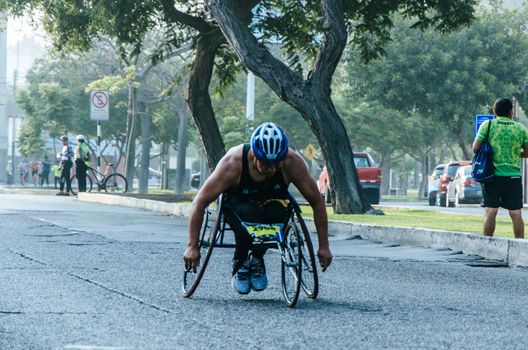 Lima, Peru - May 20th 2018: Marathon Lima 42k, sporting event that gathers athletes from all over the world. Athlete in a wheelchair.