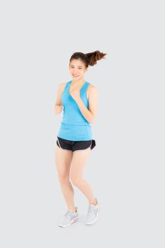 Beautiful young asian woman happy and smiling jogging isolated on white background, asia girl cheerful in sport is activity exercise cardio and workout with running for healthy, health concept.