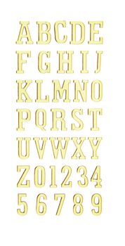 Full gold font english alphabet and number set isolated on white background, letter text set collection, typeset character concept.