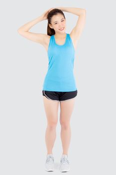 Beautiful portrait young asian woman standing workout stretch muscle arm with healthy isolated on white background, asia girl wear sport clothes exercise and yoga for health, wellness concept.