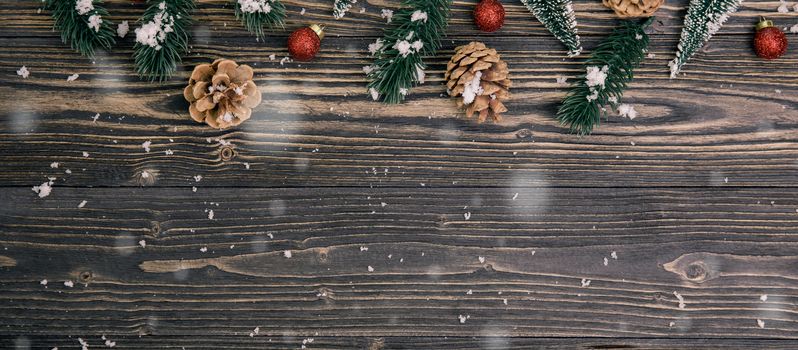 Christmas holiday composition decoration on wooden background, new year and xmas or anniversary with presents on wood table in season, top view or flat lay, banner website.