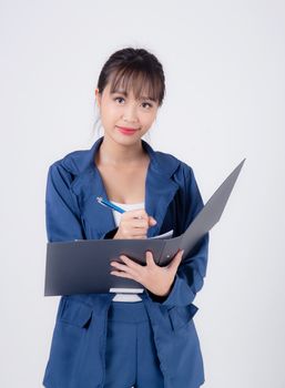 beautiful portrait young business asian woman cheerful standing holding folder isolated on white background, asia businesswoman confident secretary work writing on document file with success.