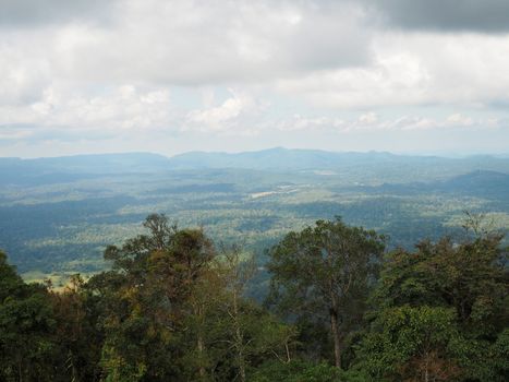 Green forest and mountains on the background of white sky and clouds