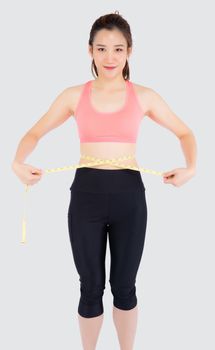 Beautiful slim young asian woman measuring tape thin waist wear uniform fitness isolated white background, asia girl loss weight for diet with exercise and workout wellbeing and healthy care body.