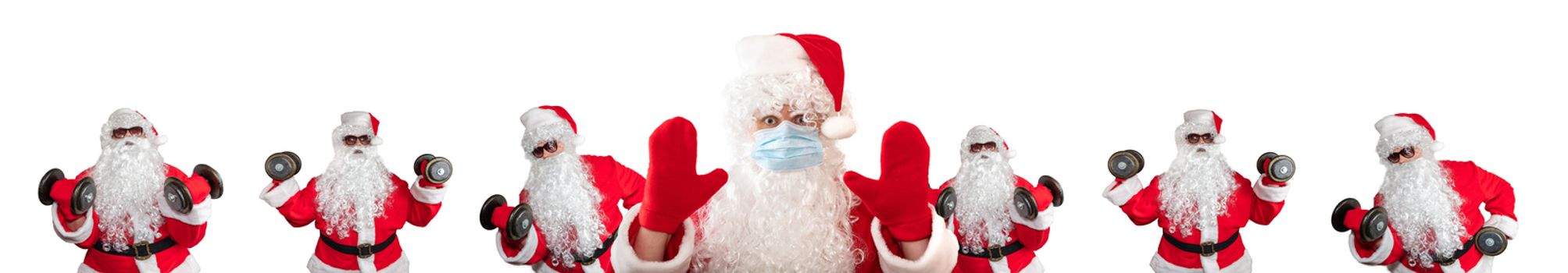 Santa Claus wearing a medical mask, having his both hands up, eyes wide open in warning gesture. Multiple Santas working out in the background behind him. Isolated on white background. Banner size.