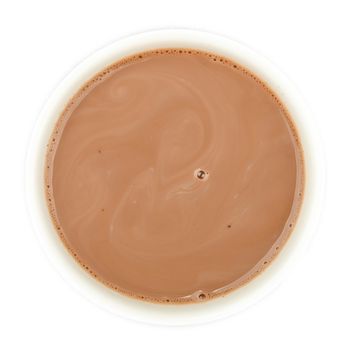 Close up cocoa hot chocolate cup top isolated on white background, top view, directly above