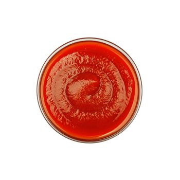 Close up one transparent glass bowl of red ketchup tomato sauce isolated on white background, top view, directly above