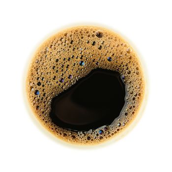 Close up one instant black coffee cup top with froth isolated on white background, top view, directly above