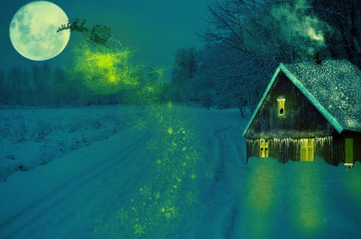 Forest at night and big moon. Wooden house in the winter village. Christmas expectation.