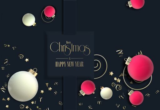 Modern luxury abstract Christmas ornament with 3D realistic pink red white balls baubles, gold confetti on blue background. Gift tag with text Merry Christmas Happy New Year. Beautiful Xmas invitation