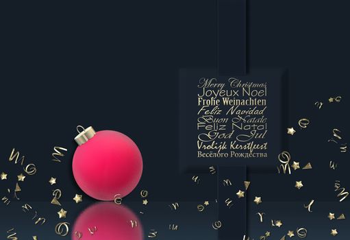 Christmas luxury wishes in European languages French, German, Portuguese, Italian, Spanish, Swedish, Dutch and Russian with pink 3D Xmas realistic ball, gold confetti over dark blue. 3D render