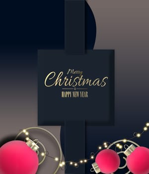 Luxury Christmas New Year card with 3D Xmas ornaments. Pink red baubles, gold text Merry Christmas Happy New Year on curve blue background. 3D illustration