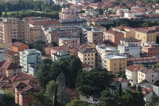 Aerial panoramic view of old historical city centre of Brescia in Italy