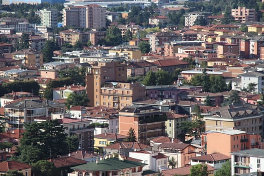 Aerial panoramic view of old historical city centre of Brescia in Italy