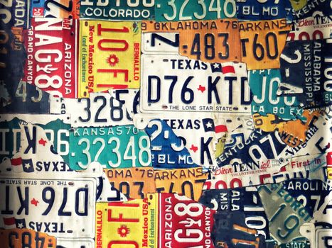 Phetchabun, Thailand - september, 15, 2018 : Vintage Vinyl sign plate old car license plates at Route 12 coffee shop at Khao Kho Phetchabun Thailand.