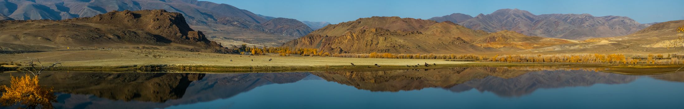 Lake in the Altai Mountains. Panorama of the Altai landscape in the mountains. The time of year is autumn.