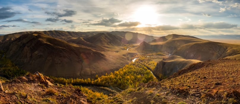 Mountains and hills altai in autumn, panoramic photo. Mountains and hills altai in autumn, panoramic photo.