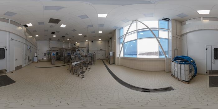 TULA, RUSSIA - FEBRUARY 11, 2013: Inside of food factory laboratory full spherical panorama in equirectangular projection 360 by 180 degrees