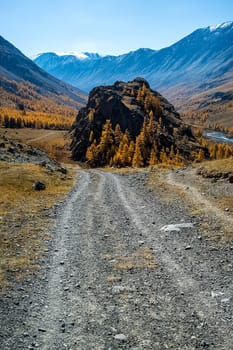 A dirt road in the mountains. The road to the rock. Altai.