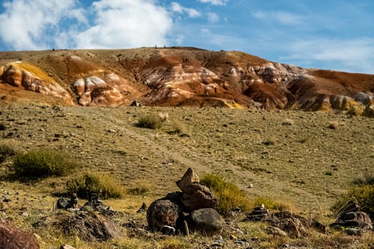 Colorful hills on the altai. Two lonely trees on the mountain.