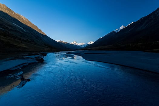 Mountain lake among the mountains on altai. The water surface of the lake.