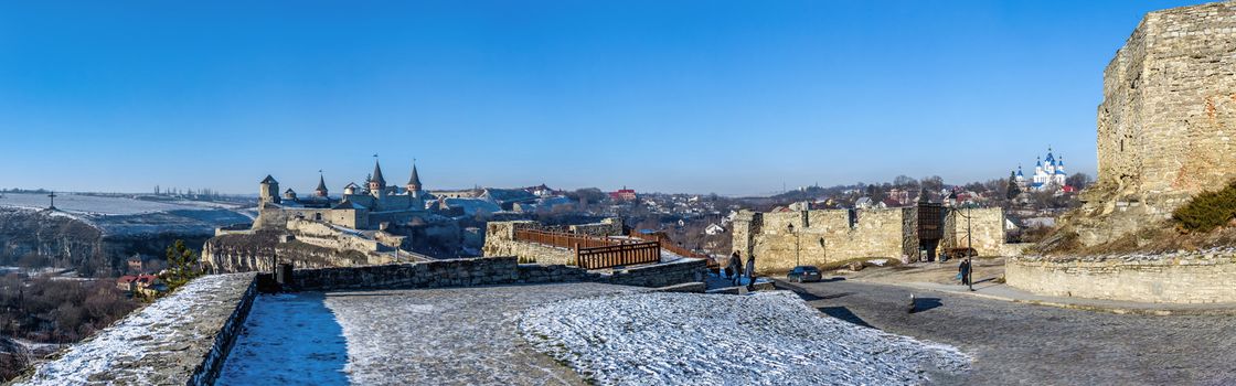 Kamianets-Podilskyi, Ukraine 01.07.2020. Panoramic view of the Kamianets-Podilskyi fortress on a sunny winter morning