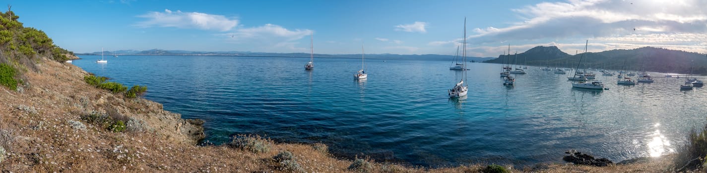 Discovery of the island of Porquerolles in summer. Deserted beaches and pine trees in this landscape of the French Riviera, Var.