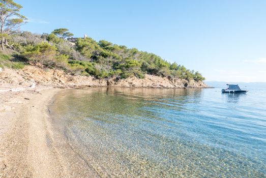 Discovery of the island of Porquerolles in summer. Deserted beaches and pine trees in this landscape of the French Riviera, Var.