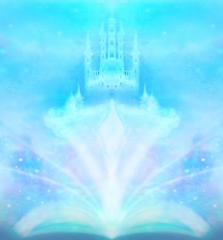 Magic world of tales, fairy castle appearing from the book