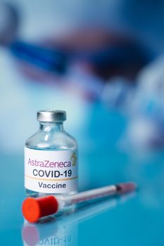 Maski, India November 21, 2020 : illustrative editorial image of AstraZeneca PLC Coronairus or covid-19 vaccine with syringe.