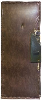  Old russian cheap apartment door covered by leatherette, insulated with wadding and fixed with green painted plywood board.