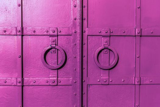 fresh painted old riveted iron double door with two rings