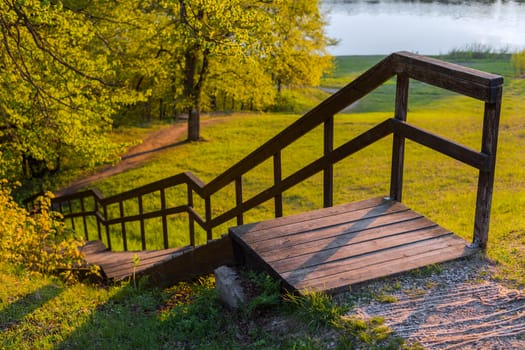 brown wooden stairway outdoor with selective focus background