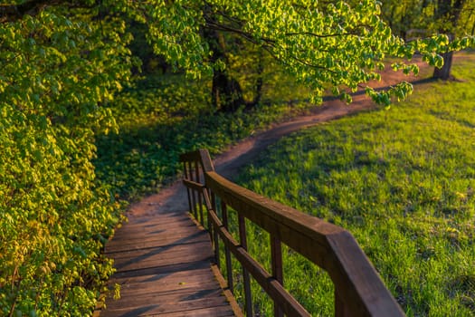 brown wooden stairway outdoor with selective focus background