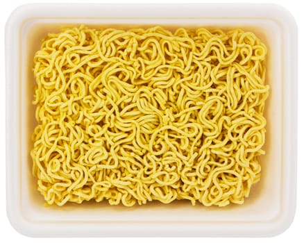 uncooked instant noodle in rectangular styrofoam cup isolated on white background - top flat lay view