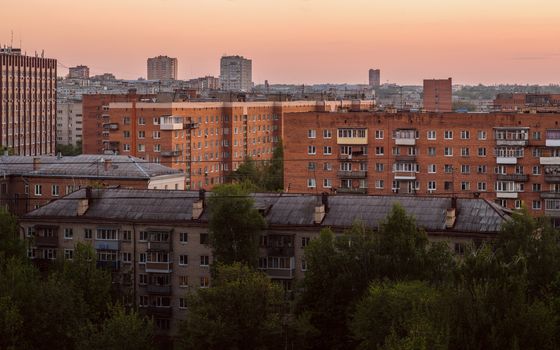 russian province brick houses cityscape at evening